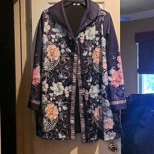 Exquisite blue and coral car coat with gorgeous A-line drape.